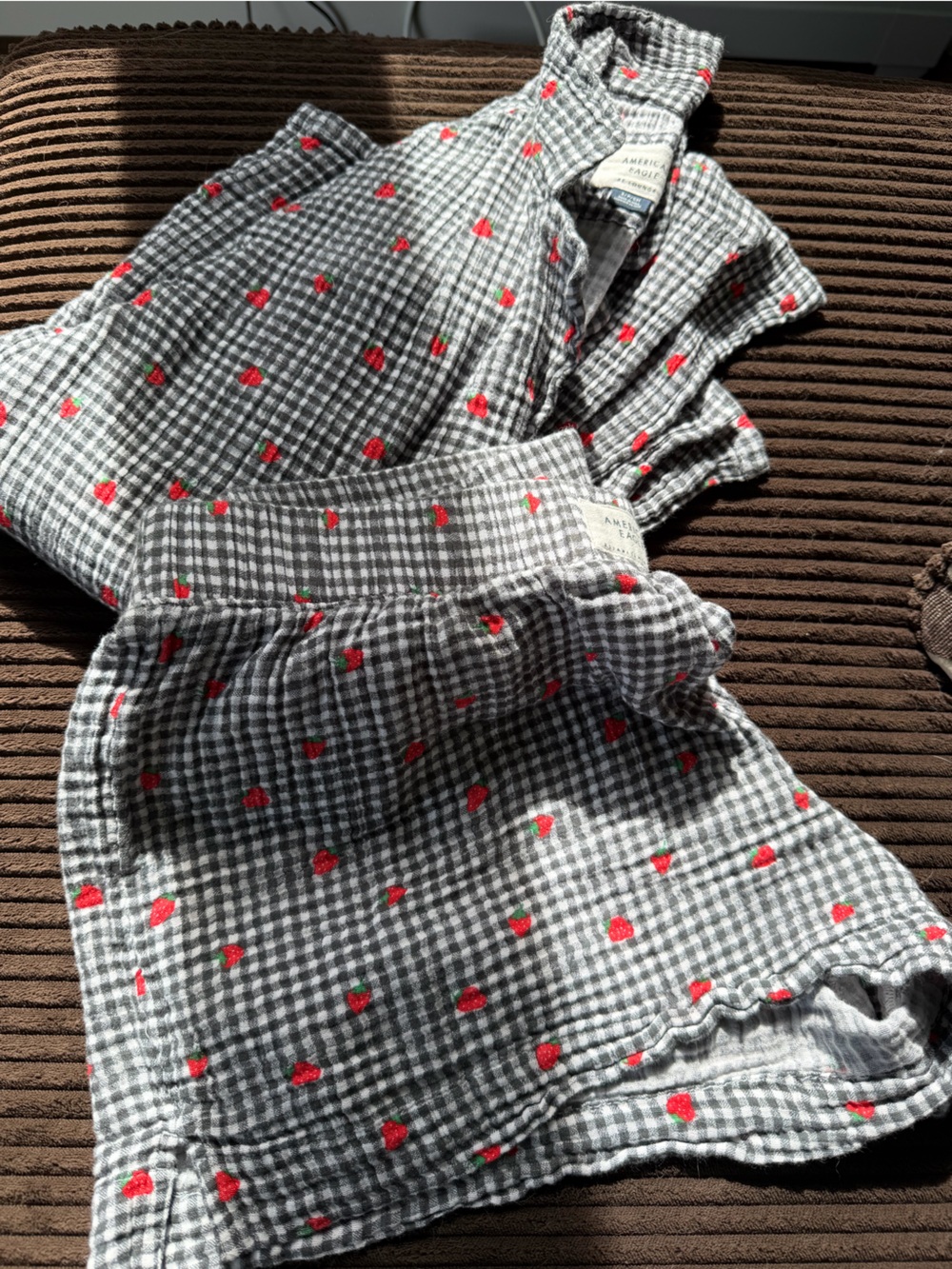 American Eagle Outfitters Black & White Gingham Skirt with Red Strawberry Print